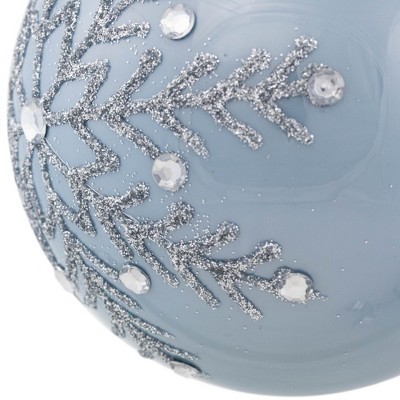 Set of 2 Blue Glass Ornaments with Silver Glitter Snowflakes