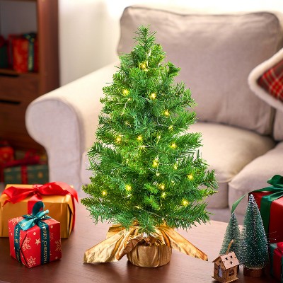 Joyfy Christmas Tree Decorations, 24"/2FT Green Mini Tabletop Artificial Xmas Tree with LED Warm Lights, Christmas Decorations Indoor