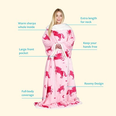 Pink Unicorn Fleece Sherpa Hooded Wearable Blanket