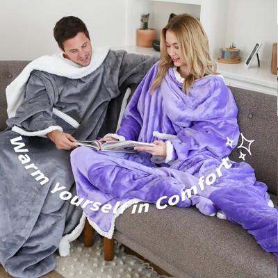 Gray Sherpa Fleece Wearable Blanket with Sleeves and Foot Pockets