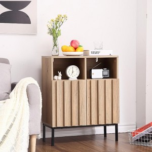 Set of 2 Oak Finish Wave Stripe Sideboard - Double Door Storage Cabinet with Wavy Design, Wood Texture Buffet Console for Living Room, Entryway - 1 of 4