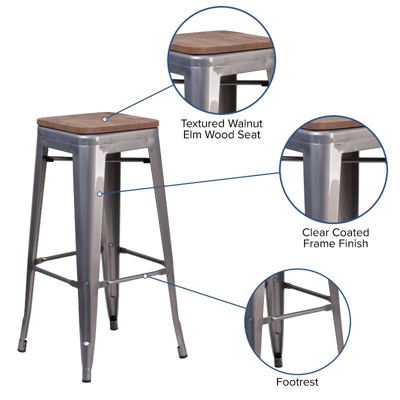 Merrick Lane Set of 4 30 Inch Tall Clear Coated Gray Metal Bar Counter Stool With Textured Walnut Elm Wood Seat, 6 of 13