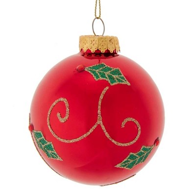 Kurt Adler 80MM Red with Holly Leaf Glass Ball Ornaments, 6-Piece Set