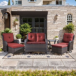 Gymojoy 7 Piece Outdoor Wicker Loveseat Sofa with Patio Swivel Glider Chairs with Coffee Table and Ottoman Sets - 1 of 4
