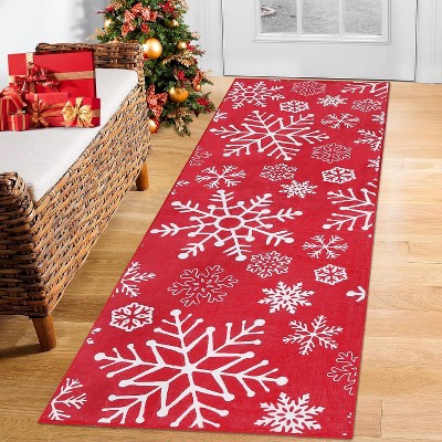 2x8 Christmas Runner Rug, Washable Snowflake Pattern Hallway Accent Rug, Non-Slip Floor Carpet for Kitchen Laundry Bedroom, Holiday Decor