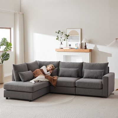 100.2" Linen Modular L-Shaped Sectional Sofa with Movable Ottoman, 5 Cushions & 4 Lumbar Pillows