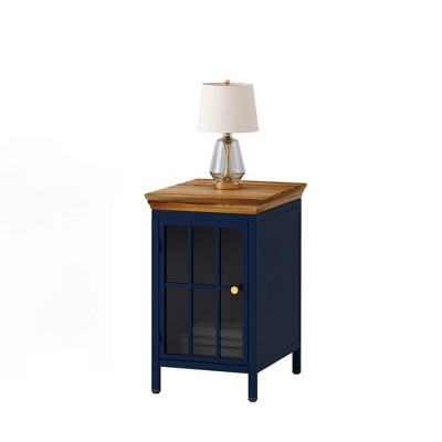 Modern Nightstand with Storage Cabinet and Solid Wood Tabletop, Iron Beside Table Coffee Table with Tempered Glass Door