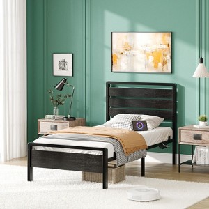 Karl Home Bed Frame with LED Light and Charging Station, Metal Platform Bed with Wood Headboard, No Box Spring Needed - 1 of 4