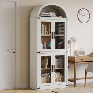 Arched Bookshelf with Doors Farmhouse Bookcase 15.83in Depth Display Storage Shelves 71.4in Tall Wooden Display Cabinet Rounded Bookcases - 1 of 4