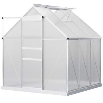 Outsunny Aluminum Greenhouse, Polycarbonate Walk-in Garden Greenhouse Kit with Adjustable Roof Vent, Rain Gutter and Sliding Door for Winter, Silver
