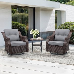 Buenhomino 3-Piece Outdoor Wicker Swivel Rocker Chair Set with Side Table, All-Weather PE Rattan Glider Chairs with Cushions for Patio or Deck - 1 of 4