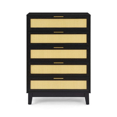 5-Drawer Chest For Bedroom, Rattan Chest Of Drawers, Modern Storage Dressers Organizer With Metal Handles For Living Room Hallway Entryway