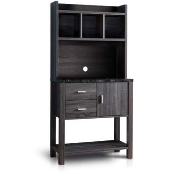 FC Design Two-Toned Baker's Rack Kitchen Utility Storage Cabinet with Drawers, Cabinet, and Black Faux Marble Top in Distressed Grey Finish