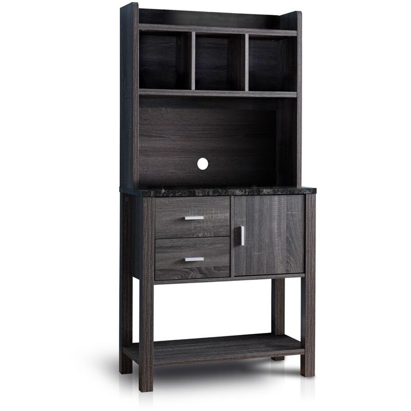 FC Design Two-Toned Baker's Rack Kitchen Utility Storage Cabinet with Drawers, Cabinet, and Black Faux Marble Top in Distressed Grey Finish, 1 of 5