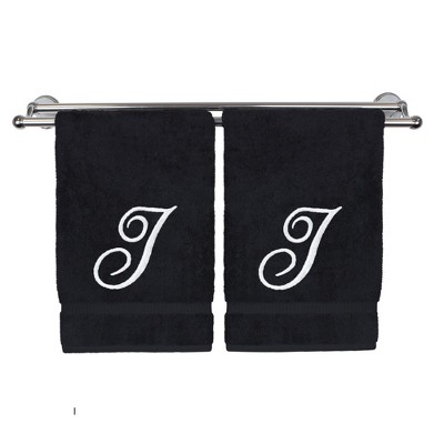 BC BARE COTTON Monogrammed Hand Towel, 100% Turkish Cotton - Set of 2 - Black - White Script