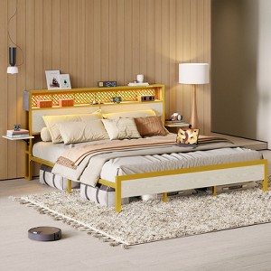 Bed Frame Metal Platform Bed with LED Storage Headboard Charge Station - 1 of 4