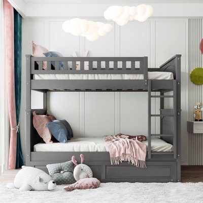 NicBex Full over Full Bunk Bed Pine Triple Bed Frame with Twin Trundle, Ladder and Guardrail for Bedroom, Guest Room, No Box Spring Required