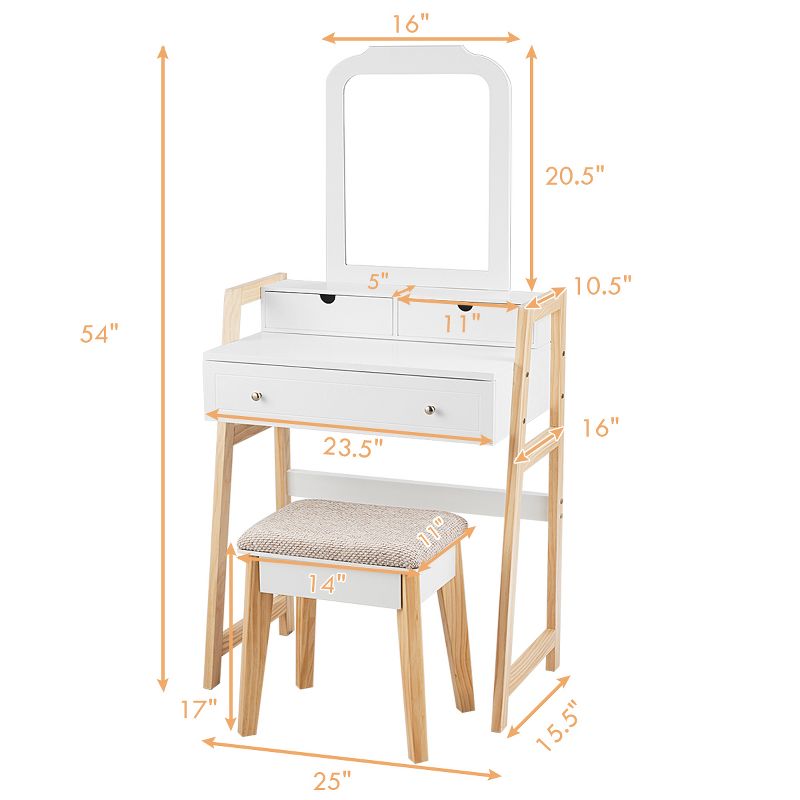 Tangkula Vanity Mirror Beauty Dressing Table Set w/ Cushioned Seat Modern White, 3 of 9