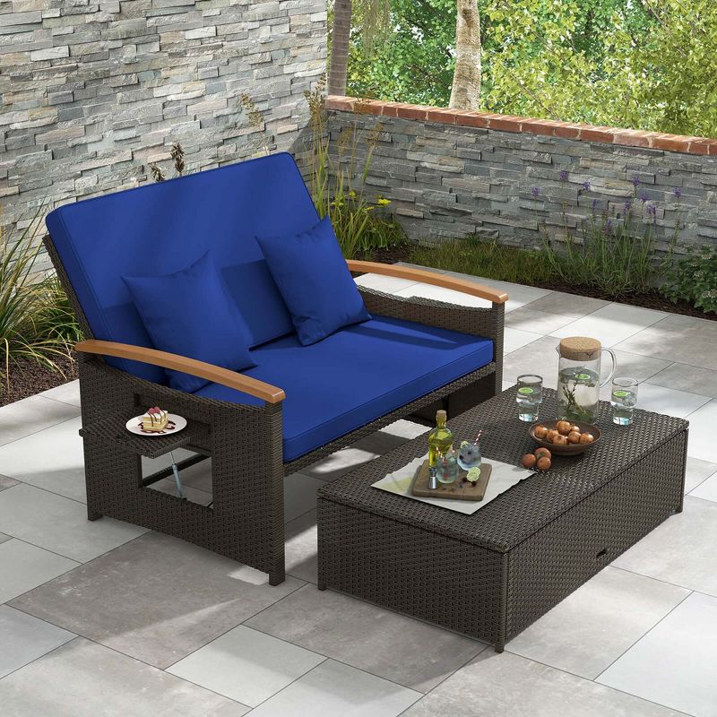 Costway Patio Rattan Daybed Set with Cushioned Loveseat & Storage Ottoman for Porch Beige/Navy/Red, 2 of 11
