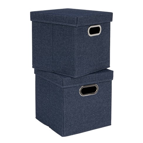Household Essentials Set Of 2 Collapsible Cotton Blend Cube Storage Box  With Lid And Metal Grommet Handle Denim : Target
