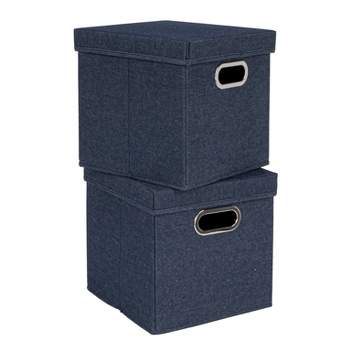 Household Essentials Set of 2 Collapsible Cotton Blend Cube Storage Box with Lid and Metal Grommet Handle Denim