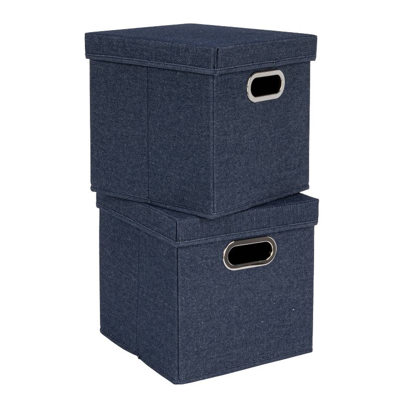 Household Essentials Set of 2 Collapsible Cotton Blend Cube Storage Box with Lid and Metal Grommet Handle Denim, 1 of 12