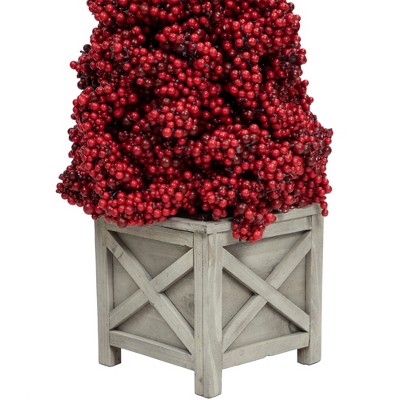 24" Red Berry Cone Potted Christmas Topiary with Wooden Base
