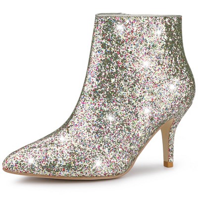 Allegra K Women's Sparkle Pointed Toe Stiletto Heel Ankle Boots