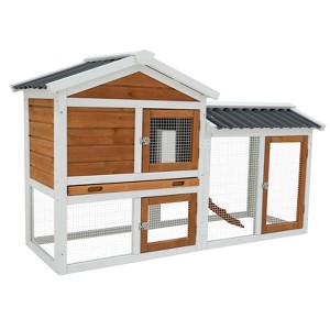 Gulches 58 inch Wooden Waterproof Rabbit Hutch Indoor Outdoor Orange Yellow White Small Medium Bunny Guinea Pig Cage with Roof Stairs Cleaning Tray - 1 of 4