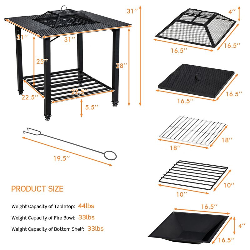 Costway 31'' Outdoor Fire Pit Dining Table Charcoal Wood Burning W/ Cooking BBQ Grate, 4 of 11