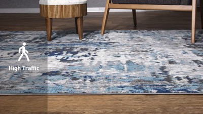 Durham Blue Abstract Synthetic Runner Rug 2' x 7'