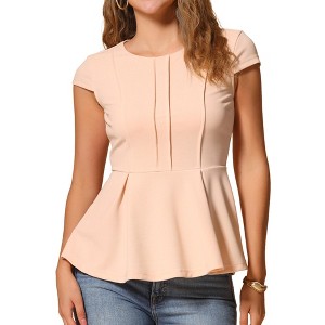 INSPIRE CHIC Women's Elegant Round Neck Cap Sleeve Solid Color Peplum Blouses - 1 of 4