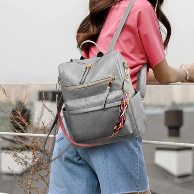 INFURNIC Women's Backpacks Convertible PU Leather Casual Shoulder Bag with Multiple Pockets and Adjustable Straps, Grey, 13"*6"*14"