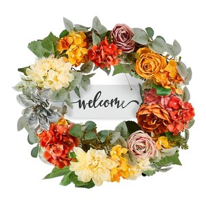 24" Artificial Wreath with Hydrangeas, Roses & Wooden Sign, Red Orange Yellow Silk Floral Decor - 1 of 4