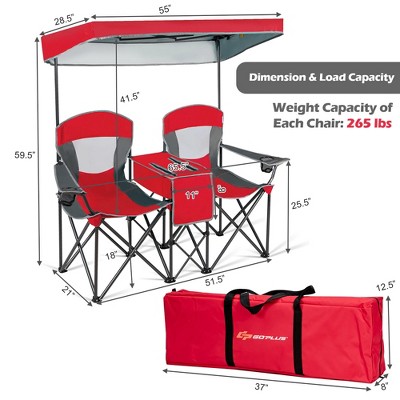 Red Double Folding Camping Chair with Canopy and Cooler