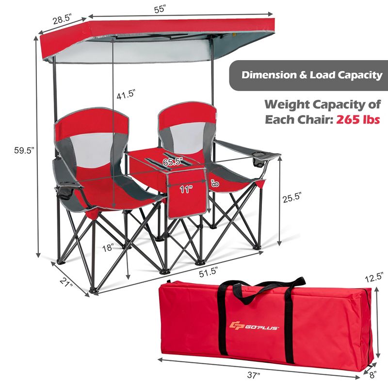 Costway Portable Folding Camping Canopy Chairs w/ Cup Holder Cooler Outdoor Red\Blue\Turquoise, 3 of 11