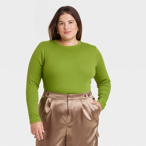 Women's Long Sleeve Slim Fit Crewneck T-shirt - A New Day™ Green 3x : Target