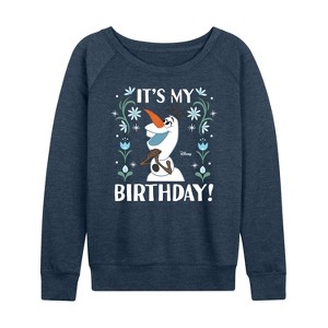 Women's - Disney - Olaf It's My Birthday Lightweight French Terry Wide Neck Long Sleeve Shirt - 1 of 4