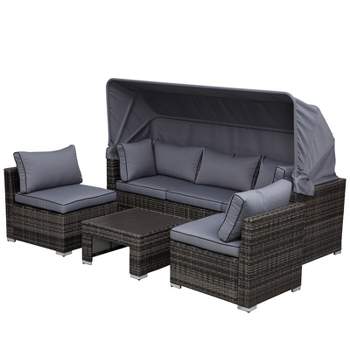 Outsunny Outdoor Daybed with Canopy, 4 Piece Sectional Patio Furniture Set, Cushions, Table Ottoman, PE Wicker Sofa Set & Convertible Sunbed, Gray