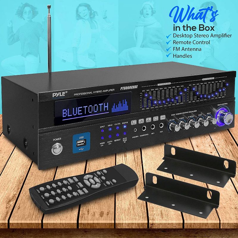 Pyle PT6060CHAE 6 Channel Hybrid 2000 Watt Wireless Home Amplifier Receiver with Radio Antenna, Remote Control, Handles, and 9 Input Options, Black, 4 of 6