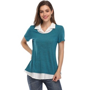 Clearlove Womens Short Sleeve Contrast Mock Neck Collared T-Shirts Flowy Ruffled Patchwork Work Blouse Casual Dressy - 1 of 4