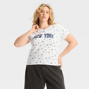 Women's New York Floral Pointelle Short Sleeve Graphic Baby T-Shirt - Off-White - 1 of 3