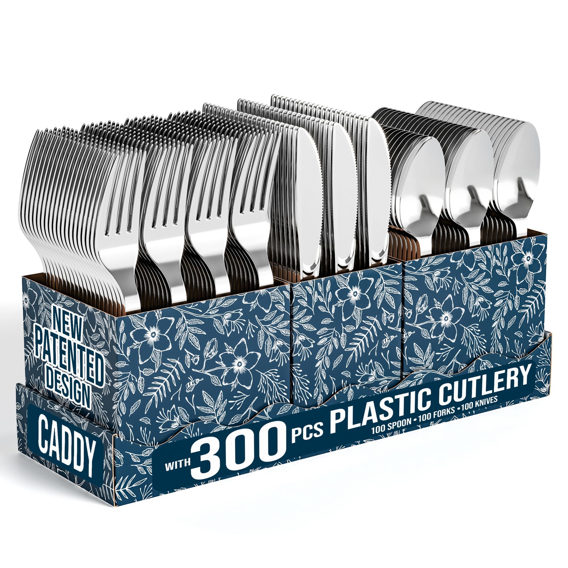 Exquisite Silver Plastic Silverware 300-Piece Heavy-Duty Set with Utensil Caddy | 100 Forks, 100 Spoons, 100 Knives | Disposable Party Flatware