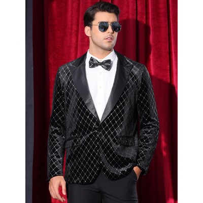 Lars Amadeus Men's Peak Lapel Tuxedo Wedding Shiny Argyle Velvet Suit Jacket Black Large — фото 2