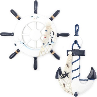 Juvale 2 Count Nautical Wood Anchor and Rudder Wall Decor Set