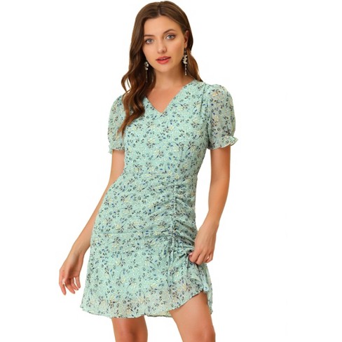 INSPIRE CHIC Women's Floral Puff Sleeve V Neck Drawstring Ruched Ruffle Dress - image 1 of 4