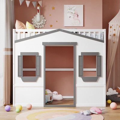 NicBex Twin Size Loft Bed Classic House Shape Pine Bunk Bed Frame with Windows, Ladder and Full Length Guardrail, No Box Spring Required