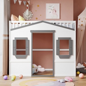 NicBex Twin Size Loft Bed Classic House Shape Pine Bunk Bed Frame with Windows, Ladder and Full Length Guardrail, No Box Spring Required - 1 of 4