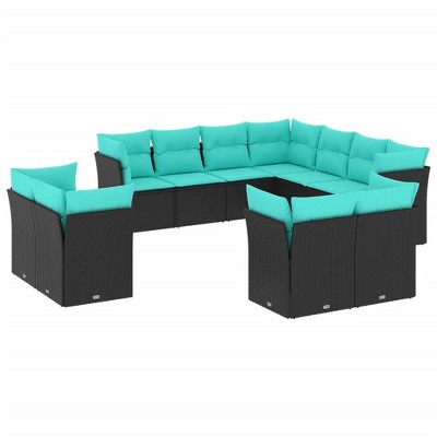 vidaXL 11 Piece Patio Sofa Set with Cushions Black and Blue Poly Rattan - Without Table