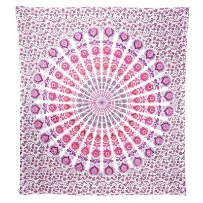 HomeRoots 92" X 84" Pink White And Red Mandala Cotton Hanging Tapestry